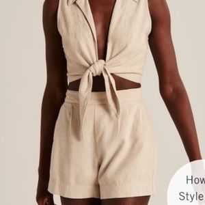 Abercrombie & Fitch Linen-Blend Pull On Shorts in Cream/Tan Size Small